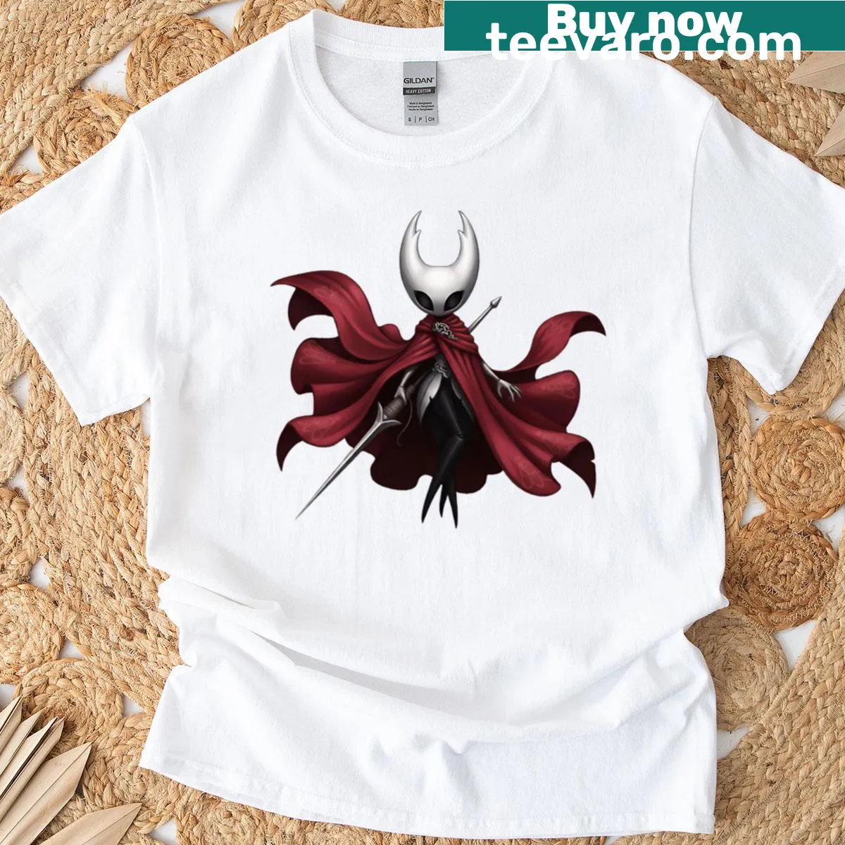 Dark art inspired by Hornet's crimson cloak from Hollow Knight — on a men's t-shirt