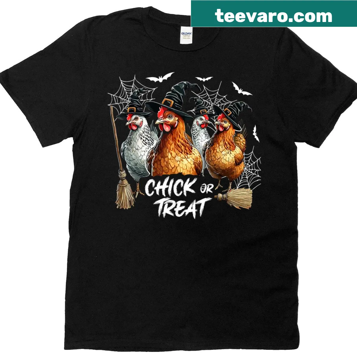 Cartoon chickens dressed as ghosts and witches for Halloween — on a men's t-shirt