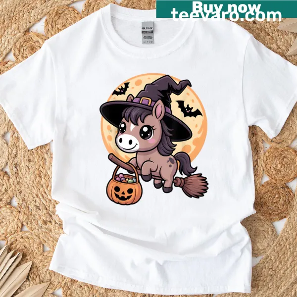 T-shirt featuring a horse in a witch hat with pumpkins for Halloween