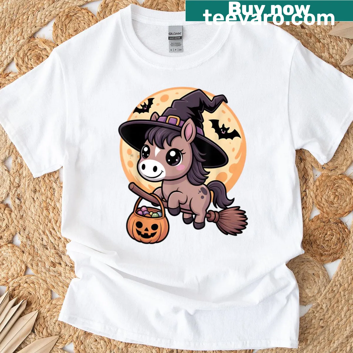 T-shirt featuring a horse in a witch hat with pumpkins for Halloween — on a men's t-shirt