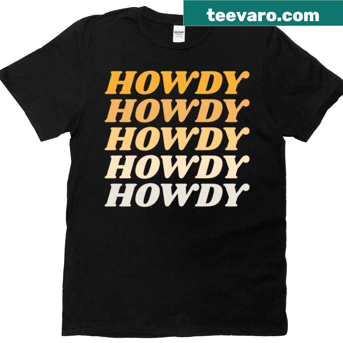 Playful typography T-shirt with the repeated phrase 'Howdy.' — on a men's t-shirt