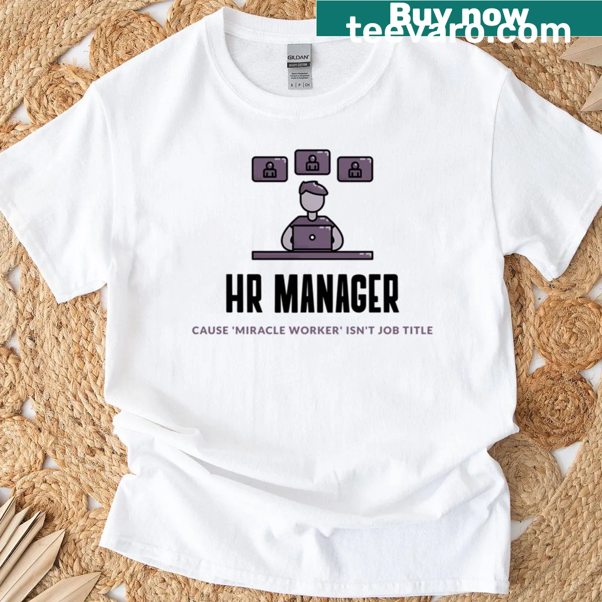 Funny HR Manager t-shirt with text 'Cause Miracle Worker Isn't A Job Title' — on a men's t-shirt
