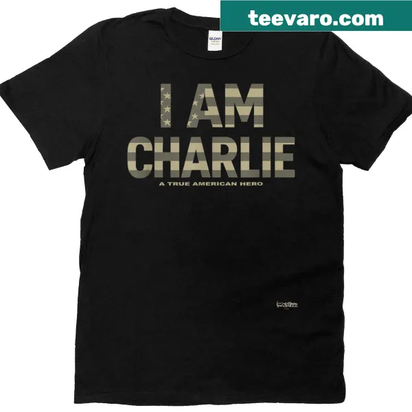Patriotic t-shirt featuring 'I Am Charlie' in a military-inspired design.