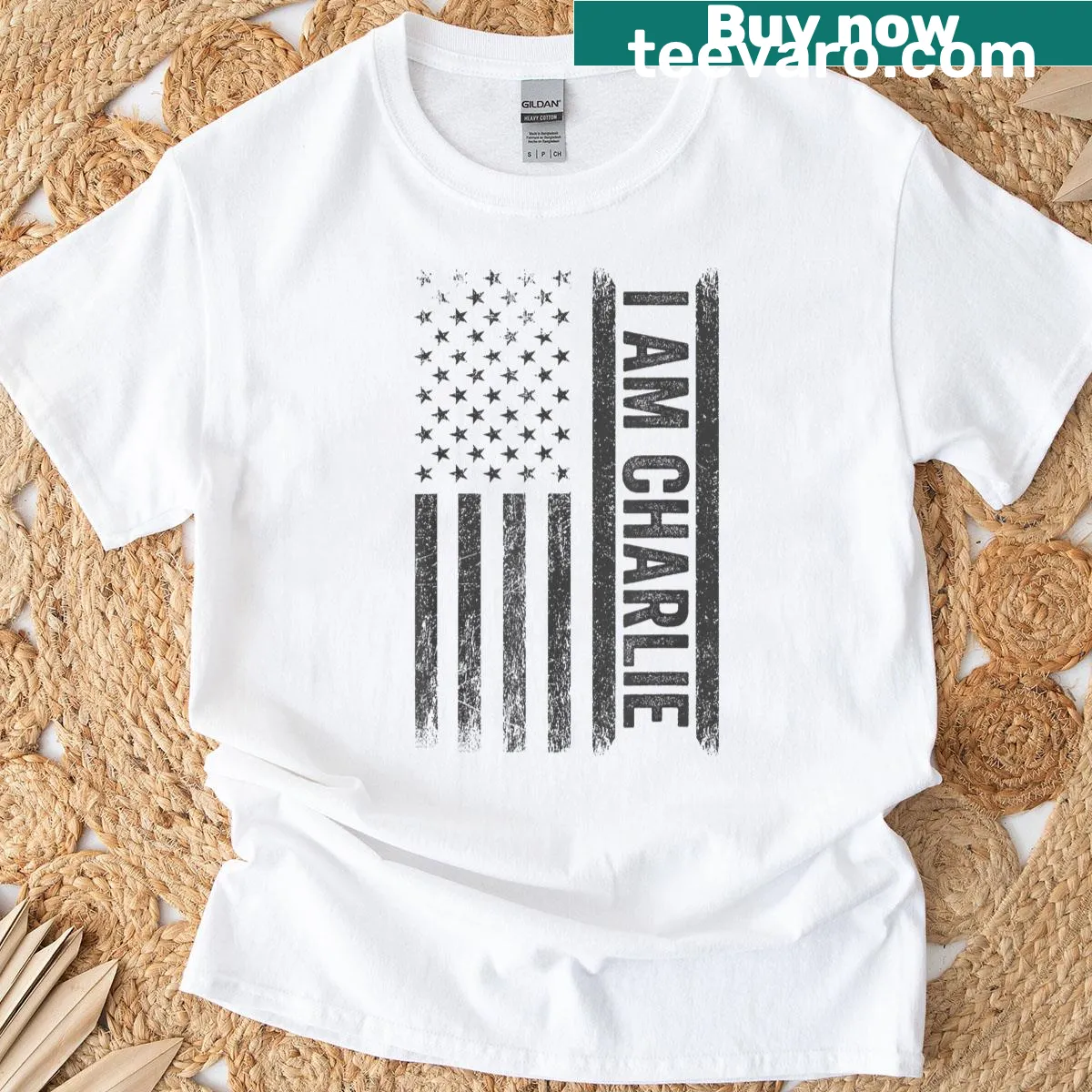 Distressed American flag T-shirt design — on a men's t-shirt