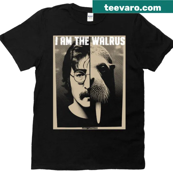 Playful typography t-shirt with 'I Am The Walrus' phrase