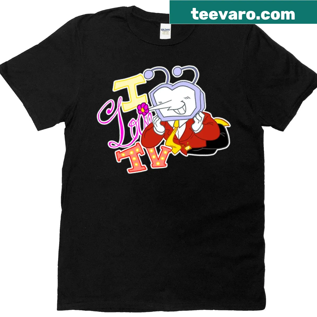 Whimsical 'I Love TV' phrase with floral design t-shirt — on a men's t-shirt