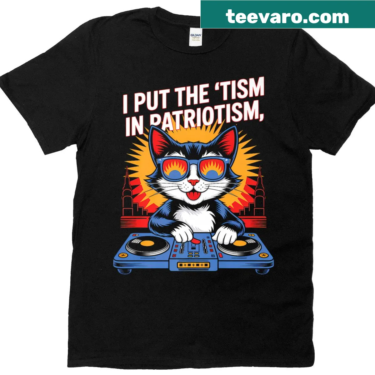 Playful typography t-shirt with 'I Put The Tism In Patriotism' phrase — on a men's t-shirt
