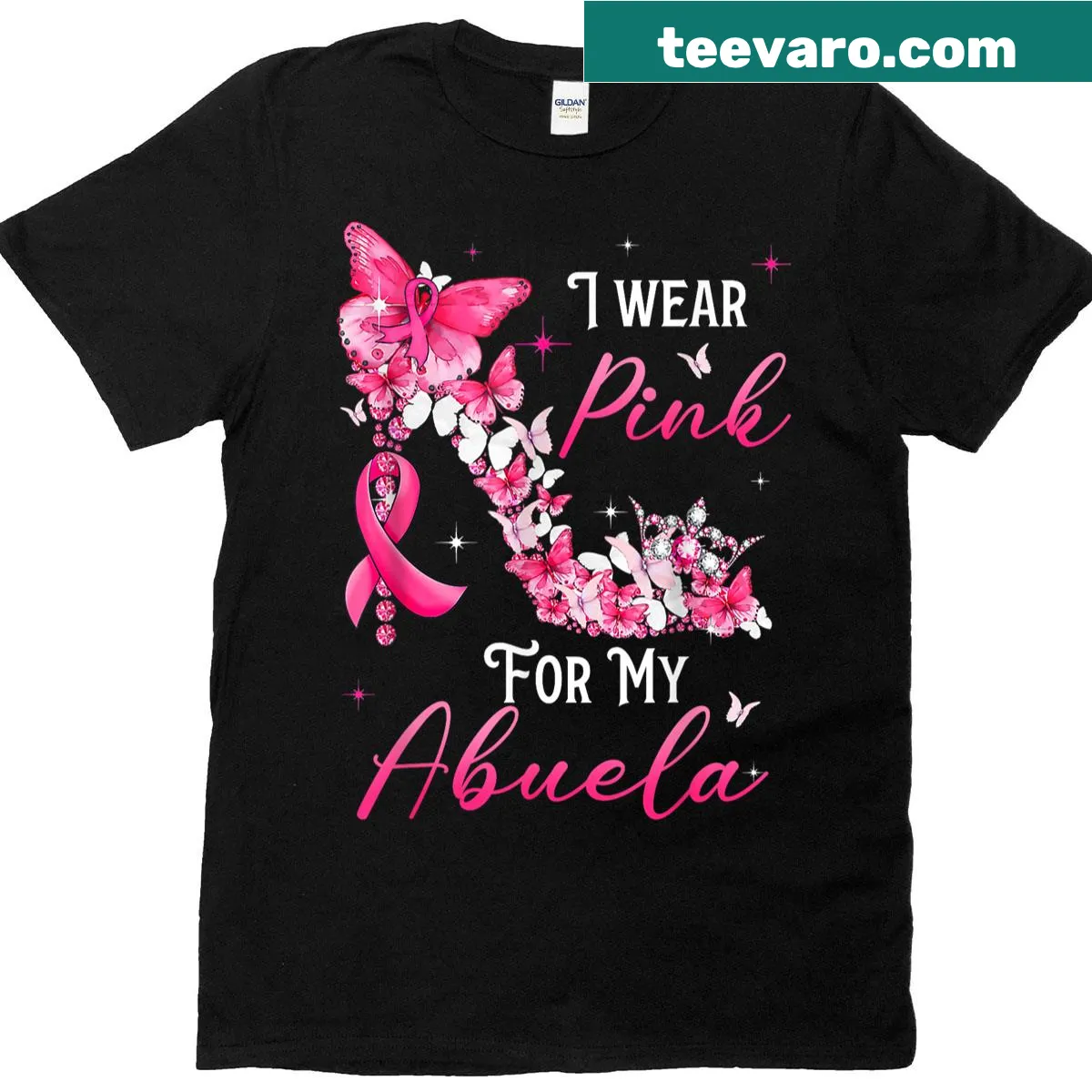 T-shirt featuring a breast cancer ribbon and the phrase 'I Wear Pink For My Abuela' — on a men's t-shirt