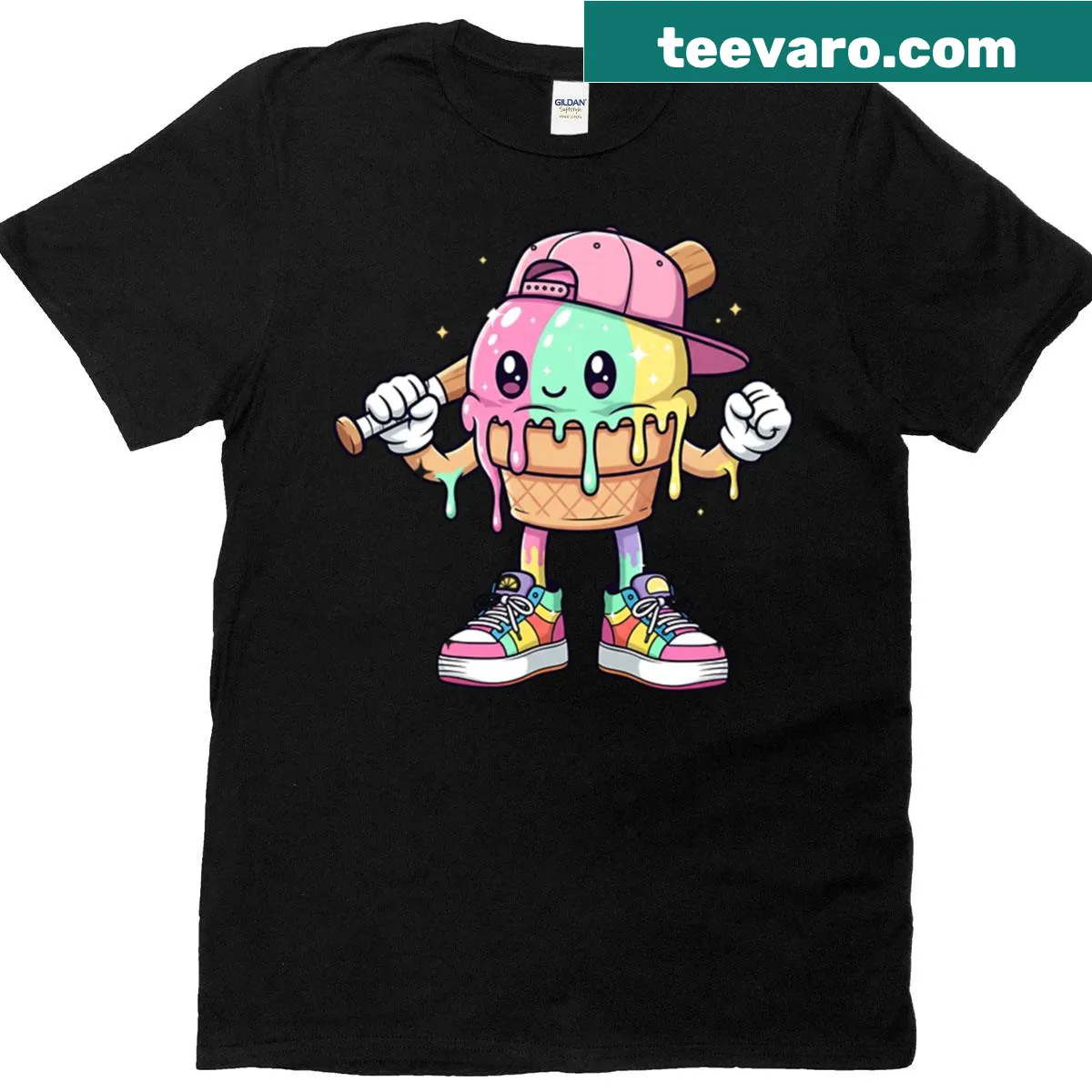 Girls' T-shirt with ice cream drip and baseball design — on a men's t-shirt