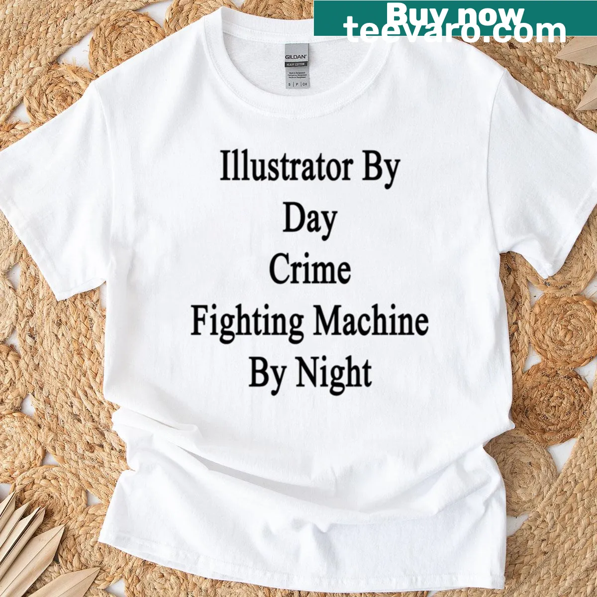 Playful T-shirt with the phrase 'Illustrator By Day Crime Fighting Machine By Night' in fun typography — on a men's t-shirt