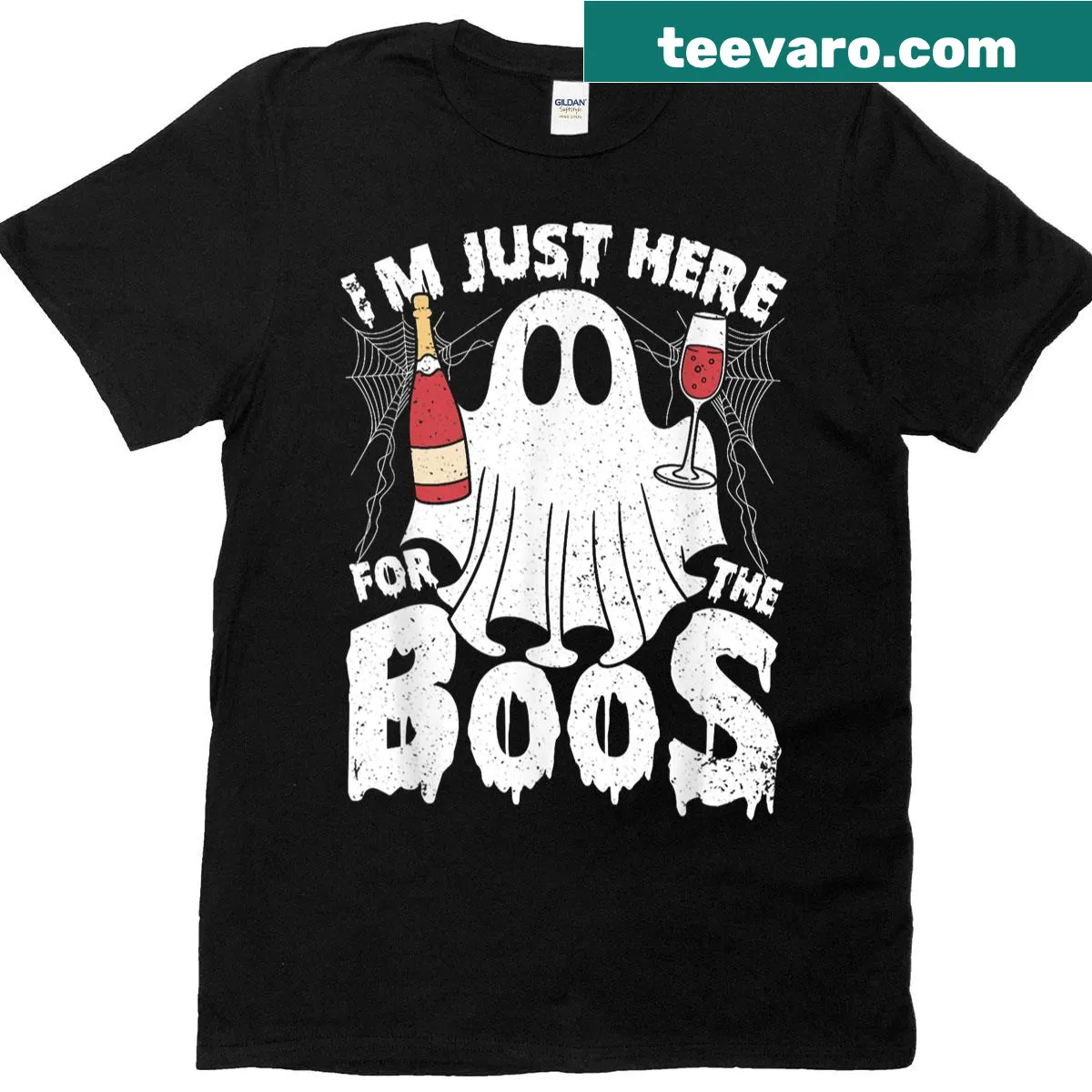 Cute Halloween t-shirt featuring a ghost and 'I'm Just Here For The Boos' text — on a men's t-shirt