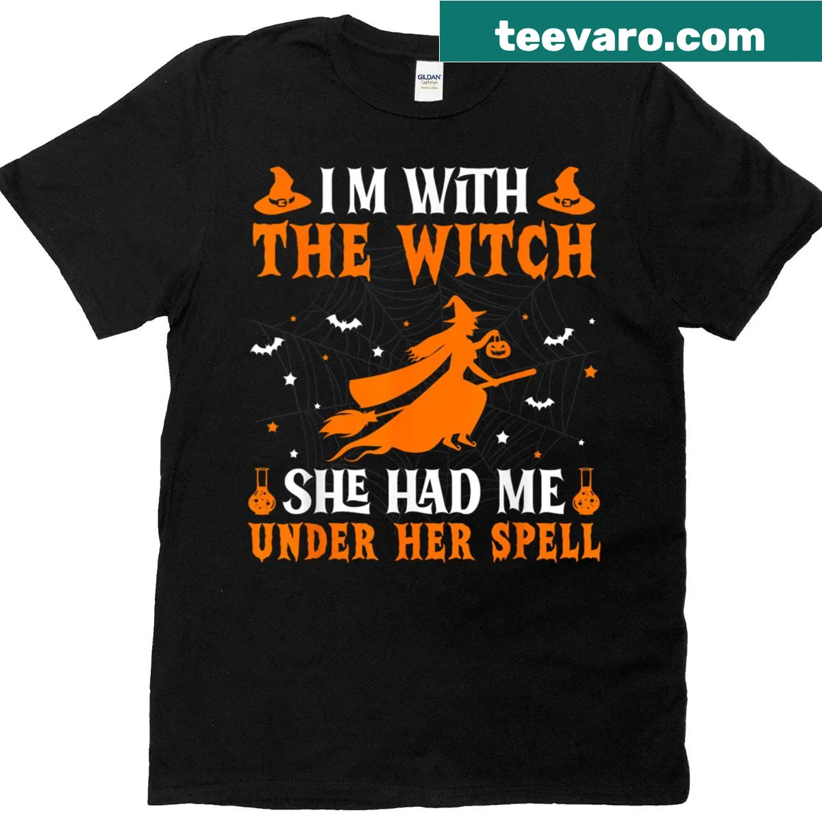 Funny Halloween t-shirt with 'I'm With The Witch' text — on a men's t-shirt