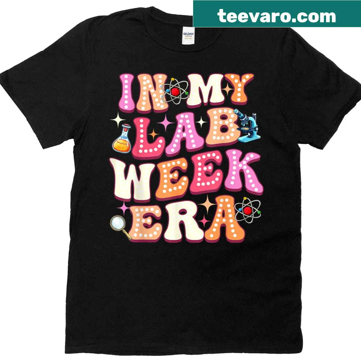Medical laboratory-themed tee with text about Lab Week Era for teachers and students. — on a men's t-shirt