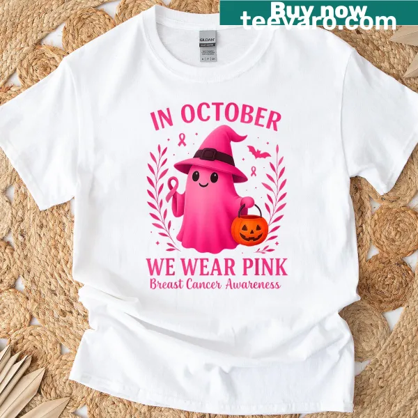 Pink awareness shirt with Halloween theme for Breast Cancer Awareness Month.