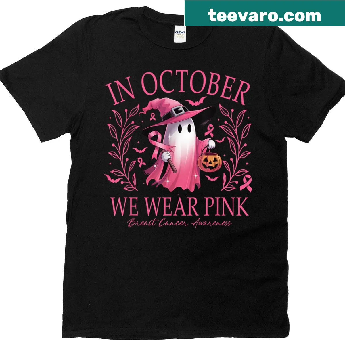 Retro pink ghost Halloween T-shirt with playful design — on a men's t-shirt