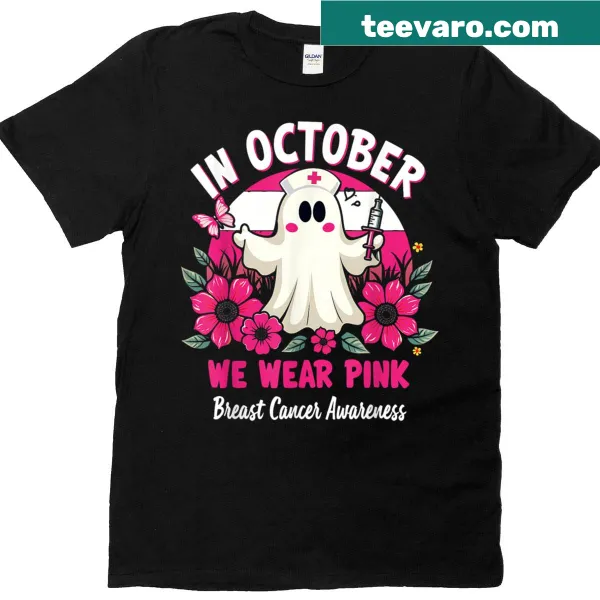 Cute Halloween nurse t-shirt with ghost and pink ribbon