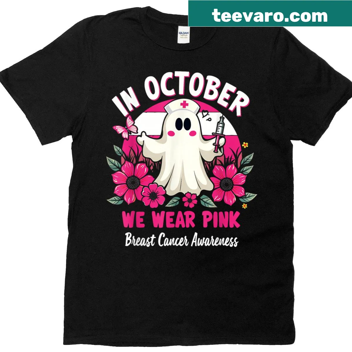 Cute Halloween nurse t-shirt with ghost and pink ribbon — on a men's t-shirt