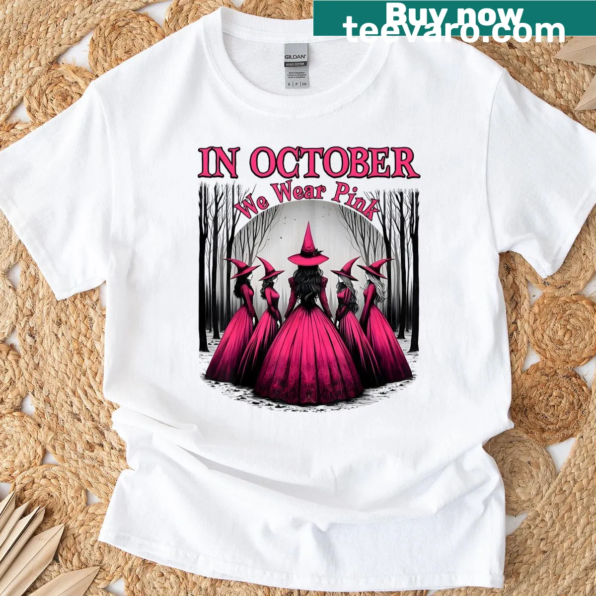 Cute Halloween T-shirt featuring witch and pink awareness — on a men's t-shirt