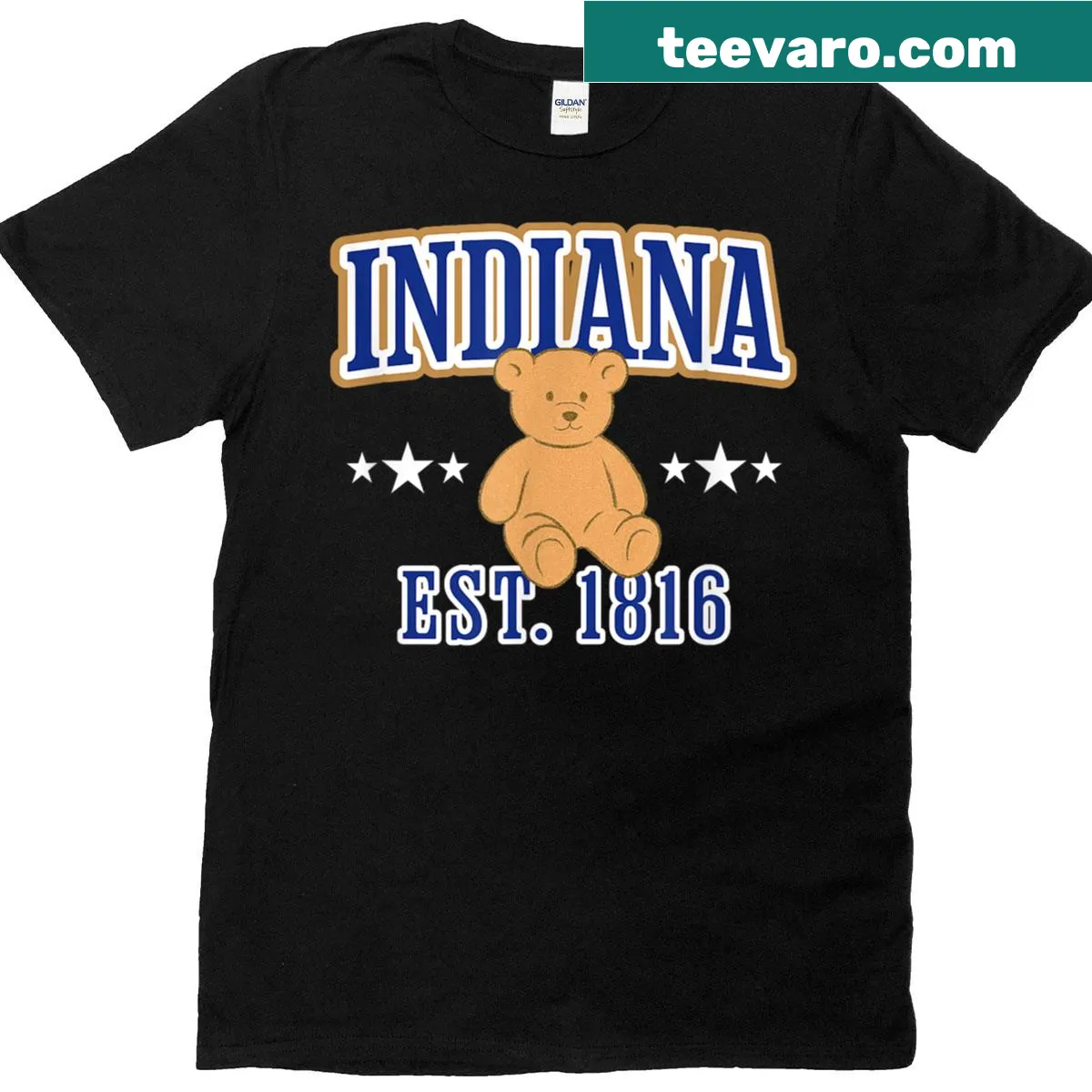 T-shirt featuring a teddy bear emblem and Indiana's established date. — on a men's t-shirt