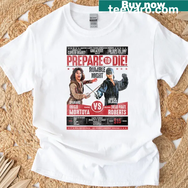 Vintage style shirt featuring a fencing duel inspired by Inigo Montoya.