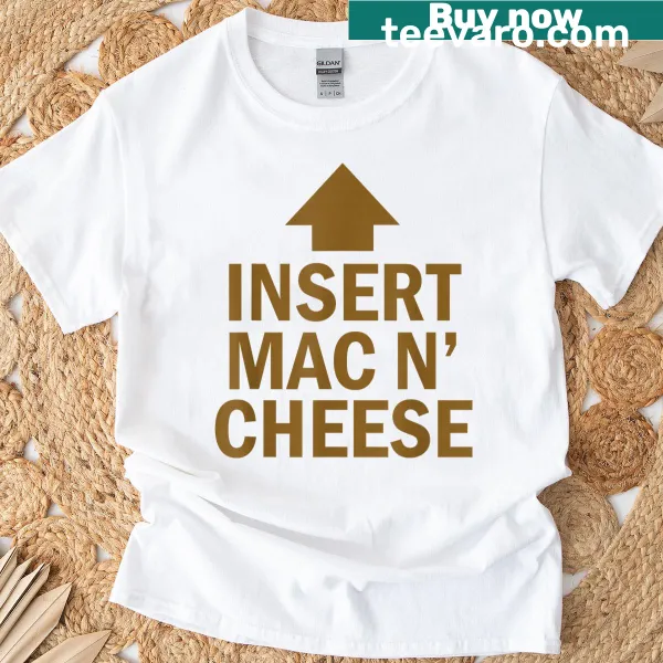Funny mac and cheese-themed t-shirt with pointing arrow graphic