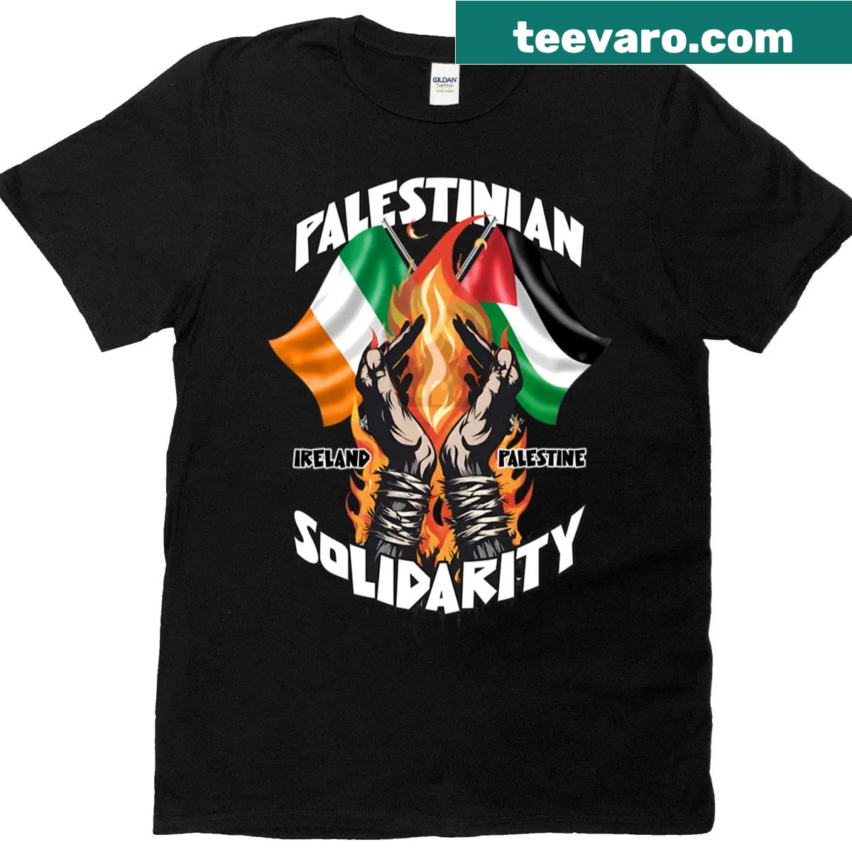 Solidarity t-shirt with 'Ireland Palestine' message — on a men's t-shirt