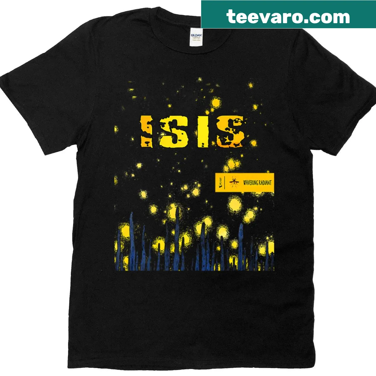 Minimalist silhouette t-shirt with 'Wavering Radiant' title — on a men's t-shirt