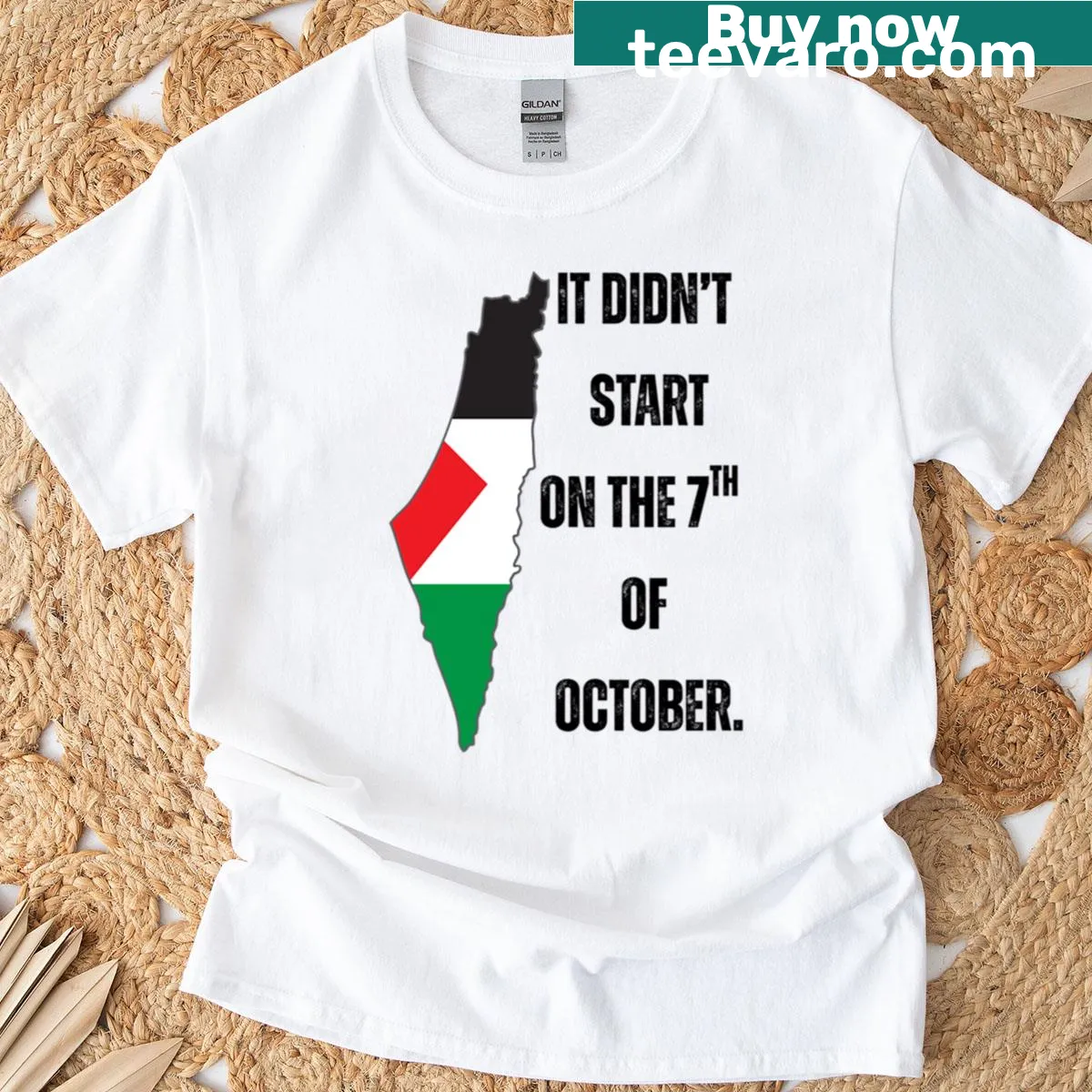 Palestine history awareness t-shirt with impactful text design. — on a men's t-shirt