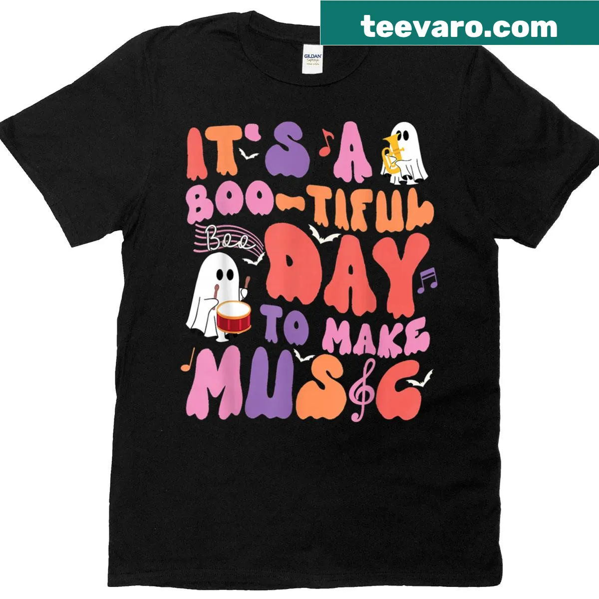 Charming Halloween music-themed t-shirt with musical notes and festive design. — on a men's t-shirt