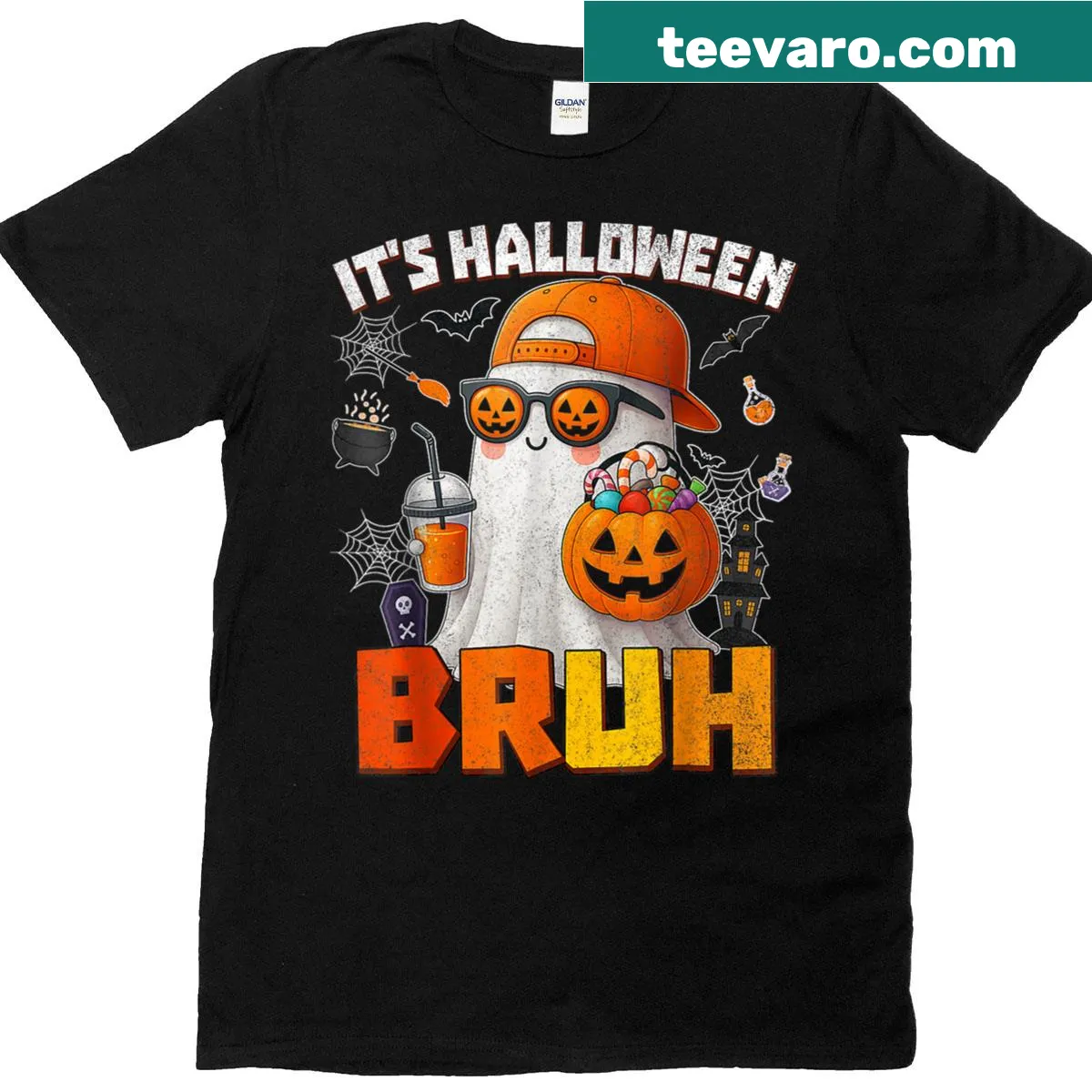 Halloween t-shirt featuring a ghost and pumpkin design — on a men's t-shirt