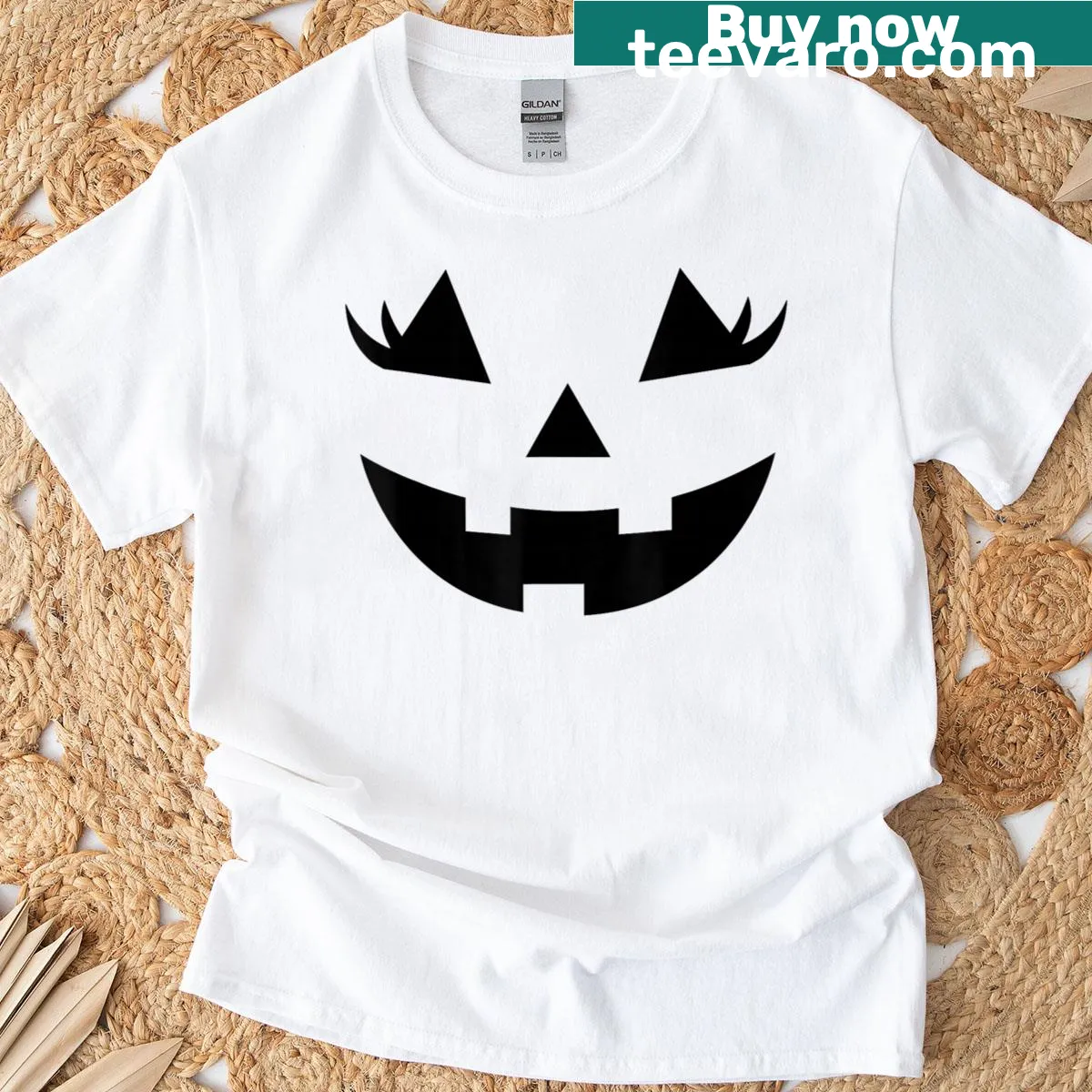 Cute Halloween t-shirt with a Jack O' Lantern face graphic — on a men's t-shirt
