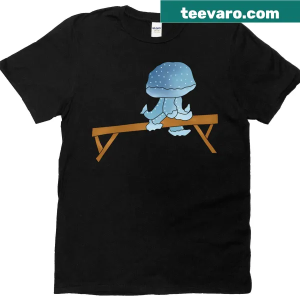 Whimsical T-shirt featuring a cartoon jellyfish doing gymnastics