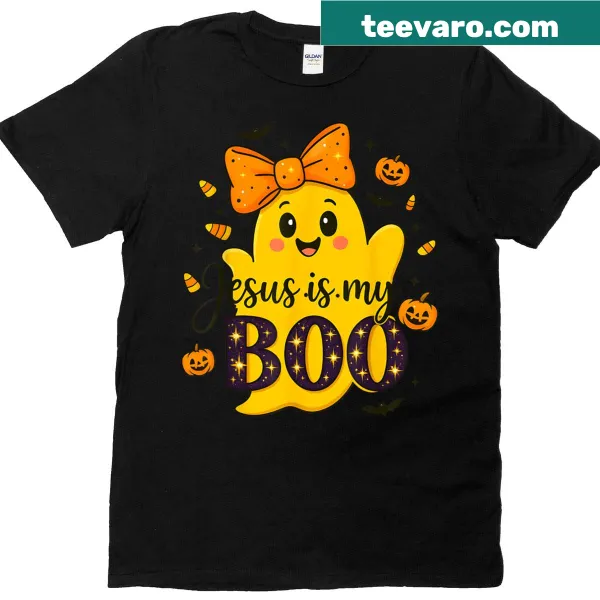 Cute Halloween t-shirt with ghost and text 'Jesus Is My Boo'