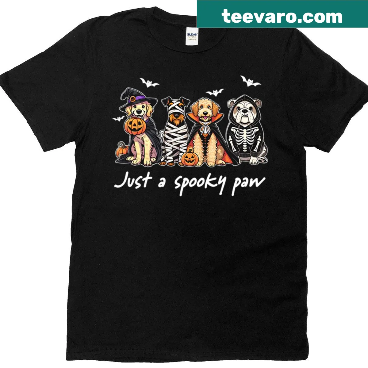 T-shirt featuring a cute spooky paw print graphic — on a men's t-shirt