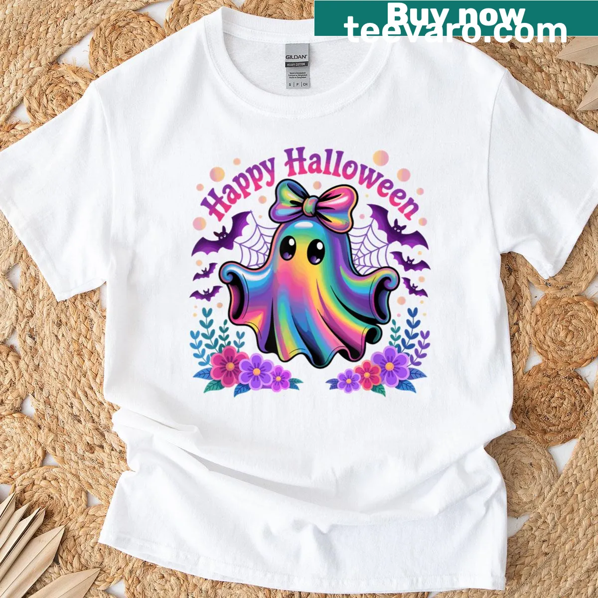 Cute ghost graphic t-shirt with sparkles for Halloween — on a men's t-shirt