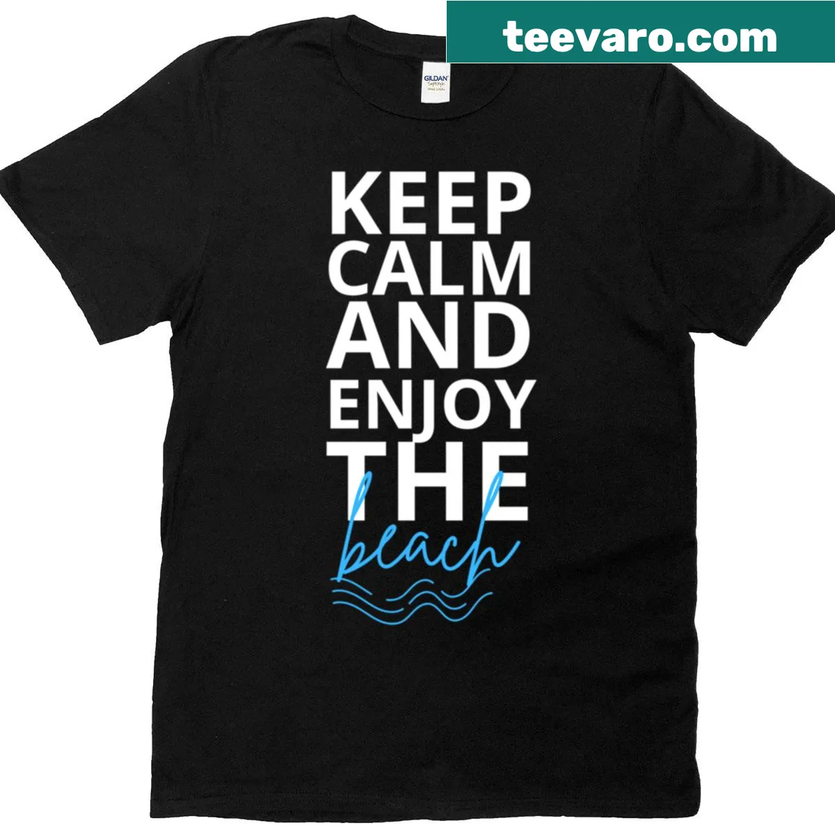 Beach-themed t-shirt with illustration and calming text — on a men's t-shirt