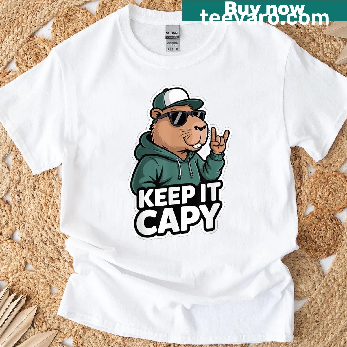 Vintage-style t-shirt with capybara graphic and humorous text. — on a men's t-shirt