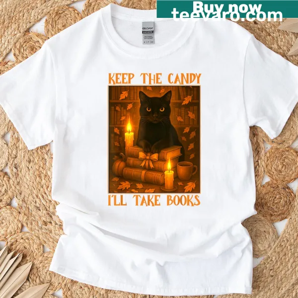 Playful Halloween tee with black cat and book-loving text