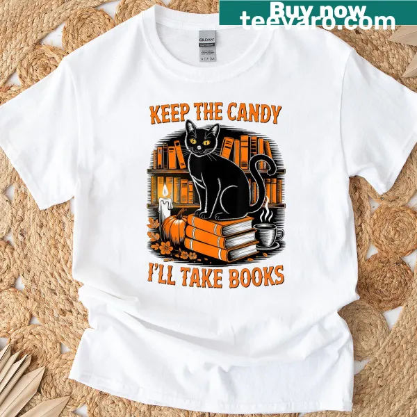Cute Halloween shirt with a black cat, pumpkin, and book-loving text
