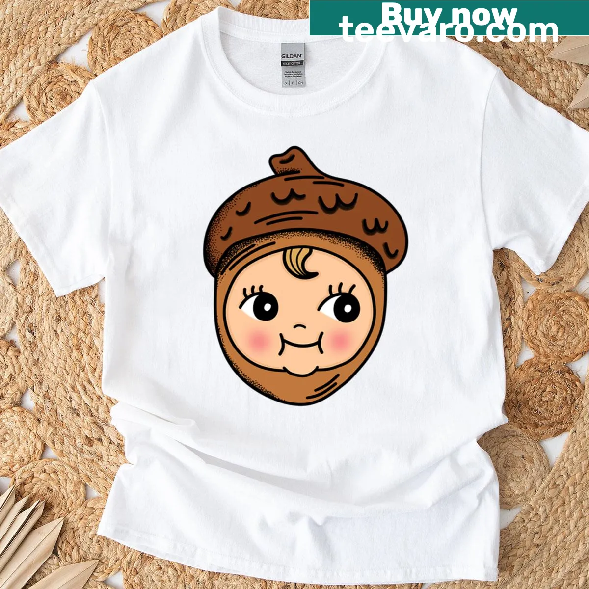 Cute Kewpie doll and acorn graphic t-shirt — on a men's t-shirt