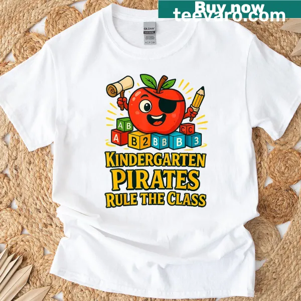 Vintage-style t-shirt with cartoon pirates and 'Kindergarten Pirates' text
