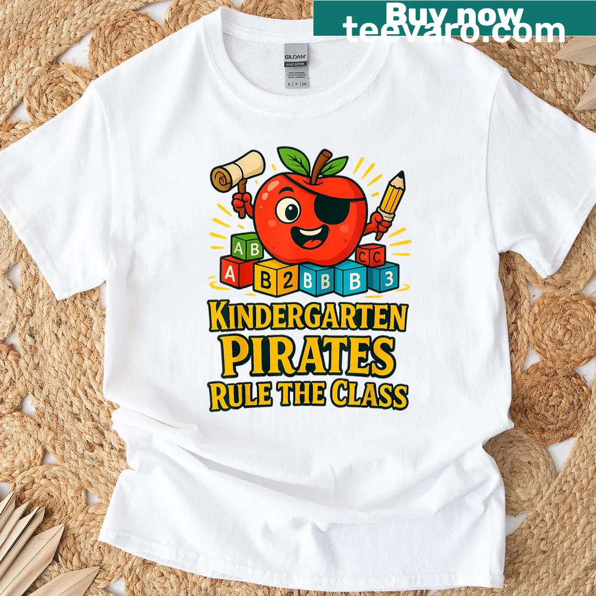 Vintage-style t-shirt with cartoon pirates and 'Kindergarten Pirates' text — on a men's t-shirt