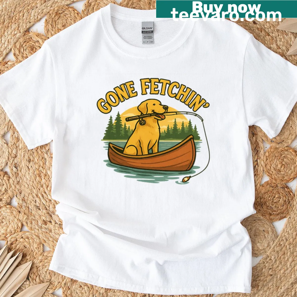 Illustration of a Labrador fishing from a canoe on a t-shirt — on a men's t-shirt