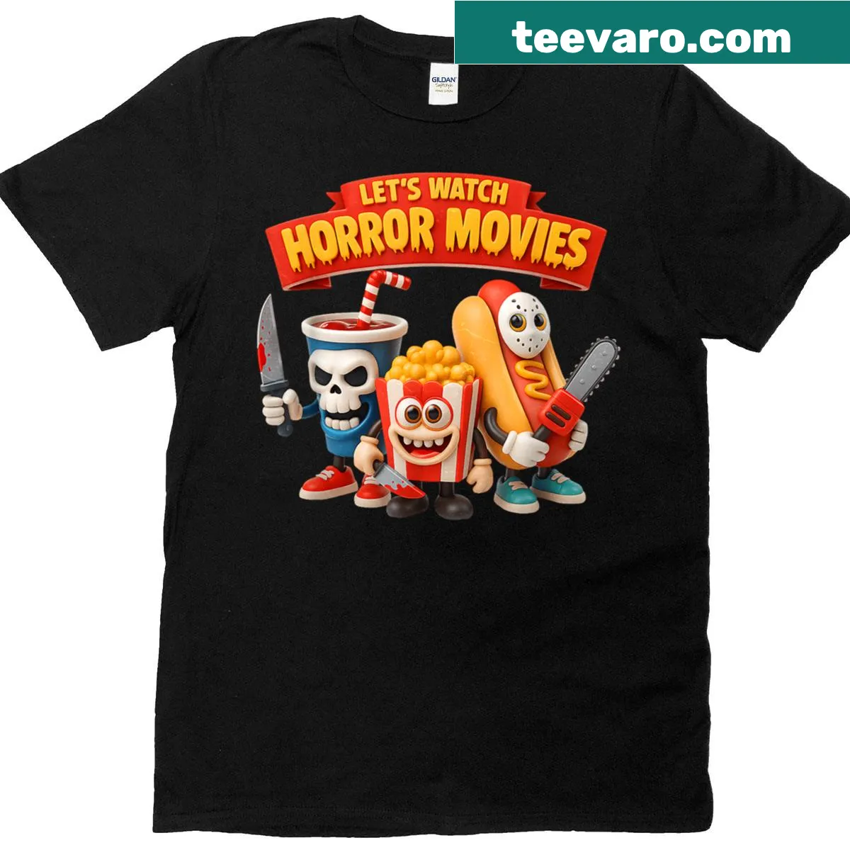 Shirt with funny horror movie snacks design: popcorn and hotdogs — on a men's t-shirt
