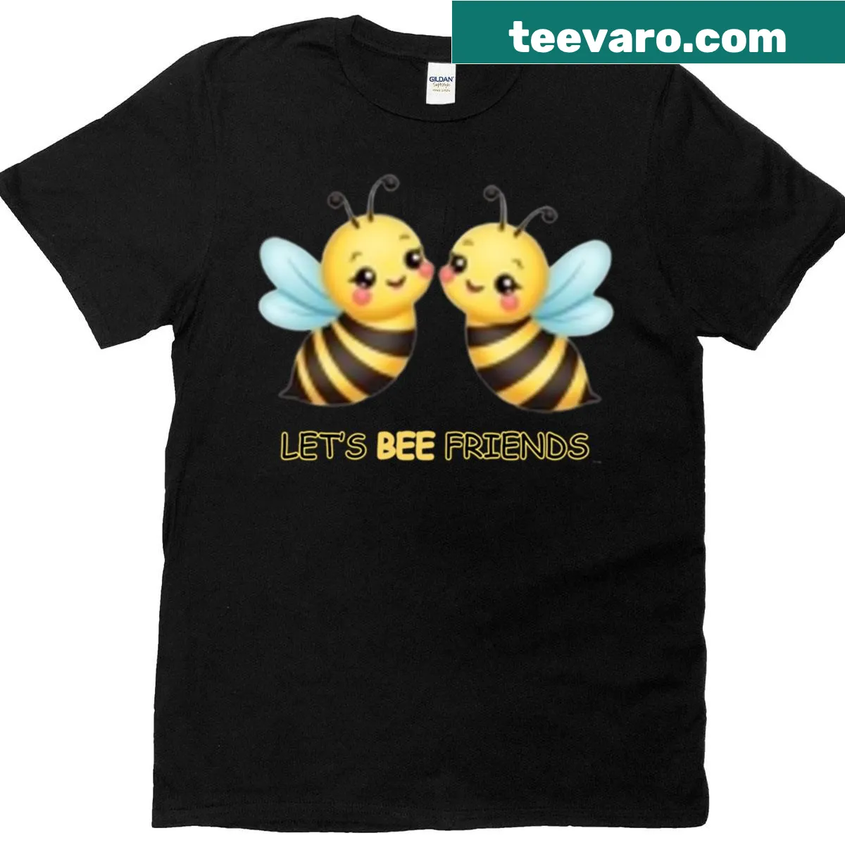 Cute cartoon bee t-shirt with the phrase 'Let's Bee Friends' — on a men's t-shirt