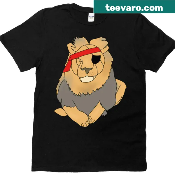 T-shirt featuring a whimsical lion pirate illustration