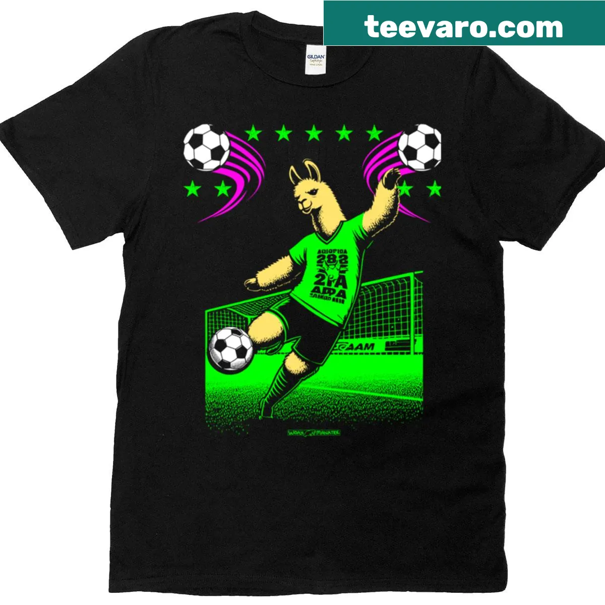 T-shirt with a cartoon llama playing soccer — on a men's t-shirt