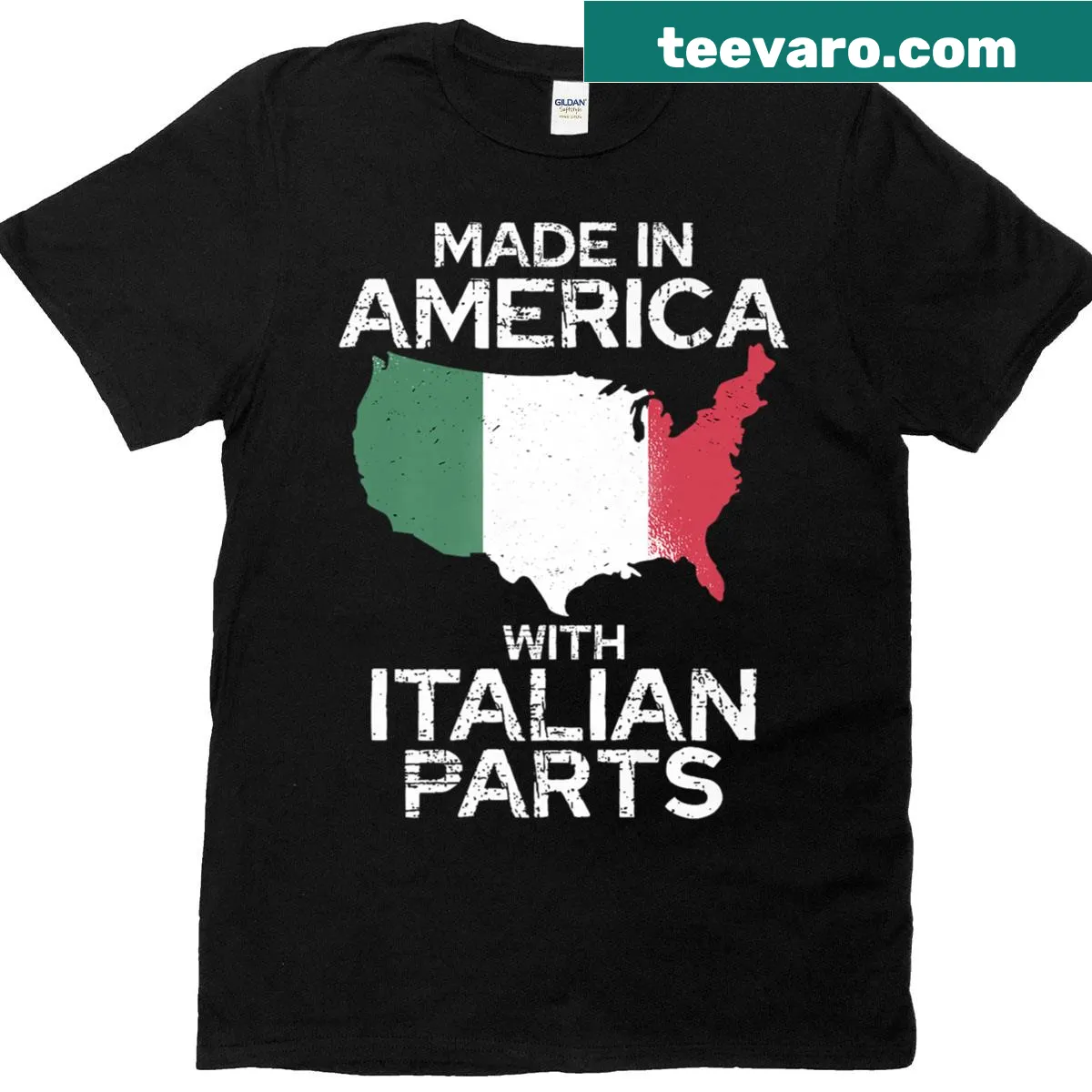 Typography t-shirt stating 'Made In America With Italian Parts'. — on a men's t-shirt