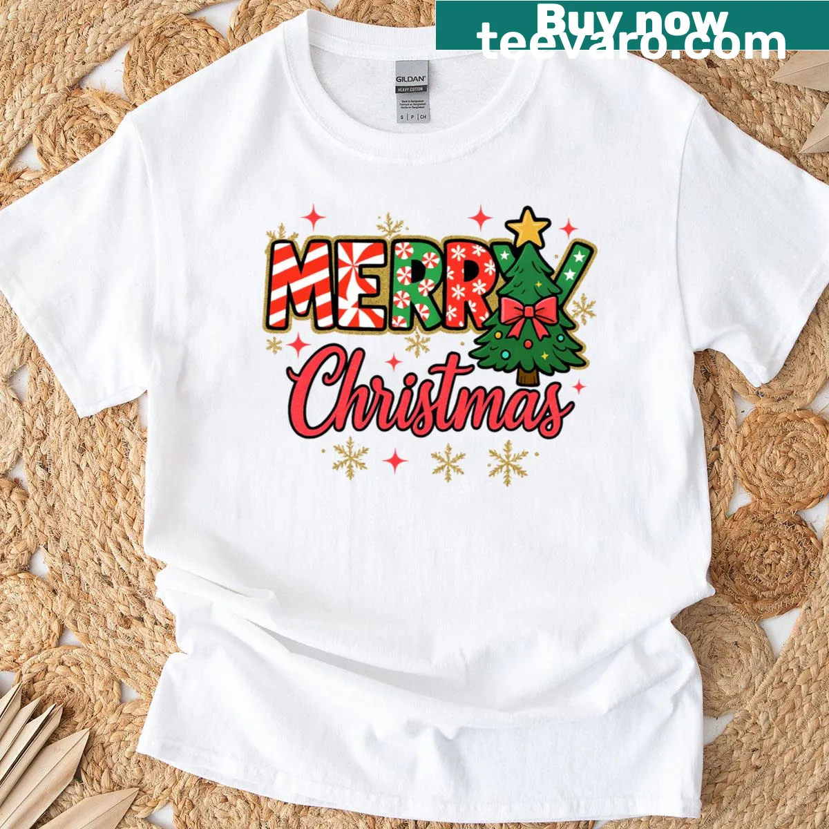 Christmas-themed t-shirt featuring candy cane graphics — on a men's t-shirt
