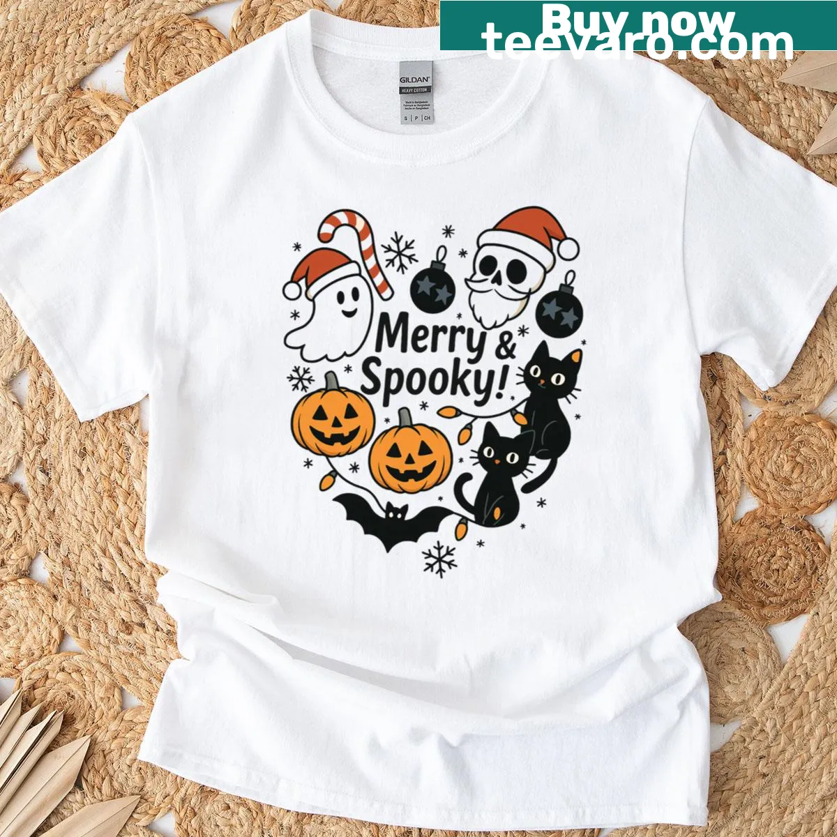 Cute cats with pumpkins and skulls on seasonal T-shirt — on a men's t-shirt
